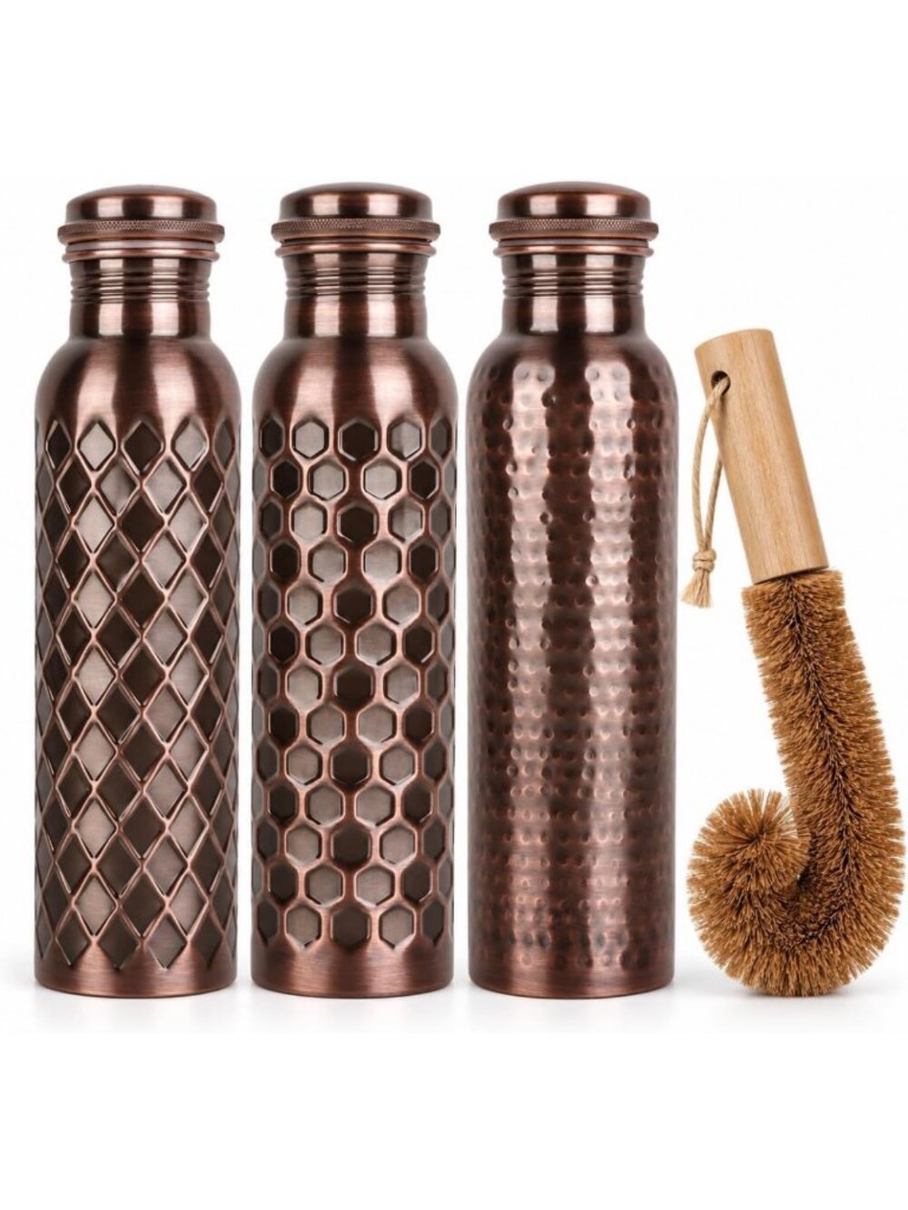 Set of 3 Copper Water Bottles - Hammered, Diamond & Honeycomb Designs